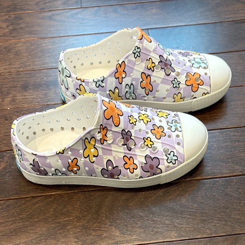 Native Jefferson Toddler Size 10 Floral Daisy Purple Checkered Slip-On Shoes - Picture 4 of 6